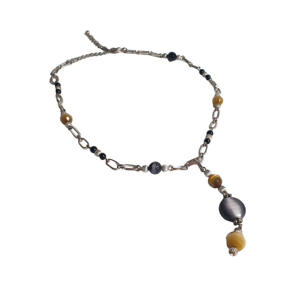 Handcrafted Beaded Necklace With Black Yellow Beads Silver Tone Chain Adjustable